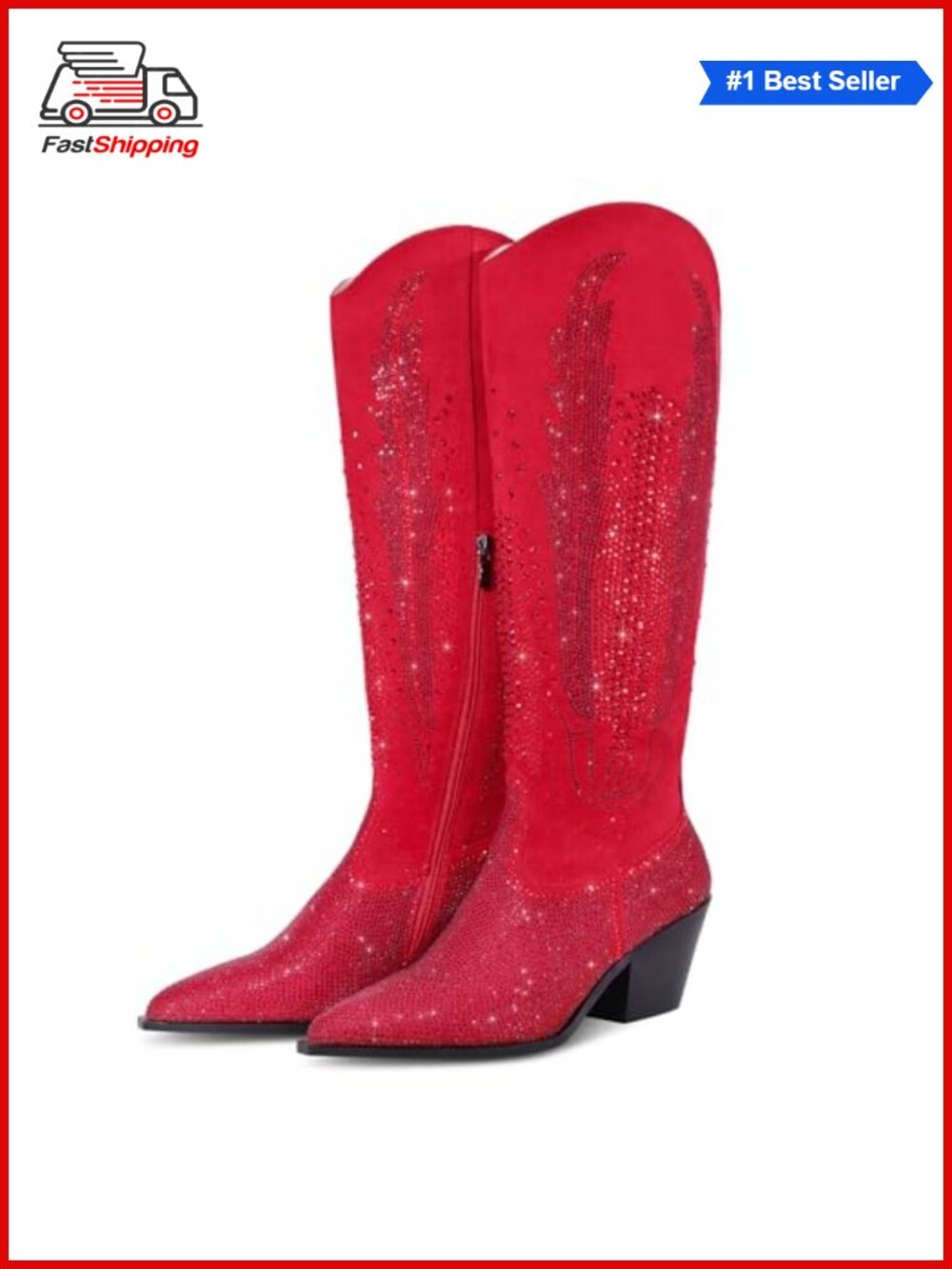 Knee High Rhinestone Cowboy Boots Chunky Heel Pointed Toe Western